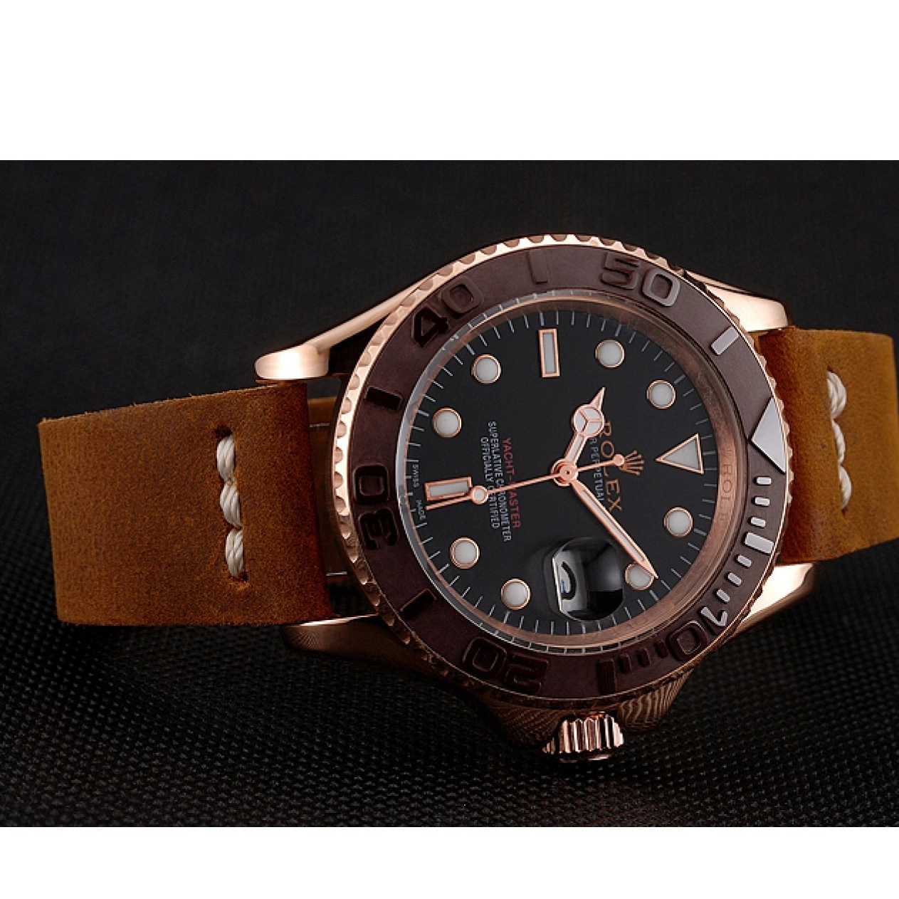 AAA Replica Watches Rose Brown Brown Case Yacht Dial Master Rolex Black Bracelet Bezel 1453860 Gold Leather 0521